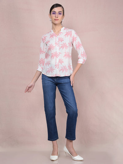 Peach Floral Print V-Neck Linen Shirt-Women Shirts-Crimsoune Club