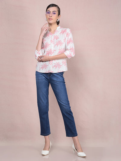 Peach Floral Print V-Neck Linen Shirt-Women Shirts-Crimsoune Club