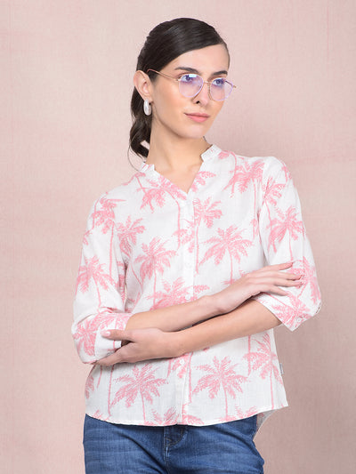 Peach Floral Print V-Neck Linen Shirt-Women Shirts-Crimsoune Club