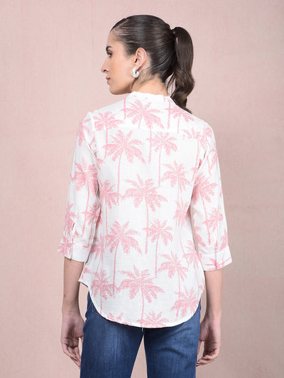 Peach Floral Print V-Neck Linen Shirt-Women Shirts-Crimsoune Club