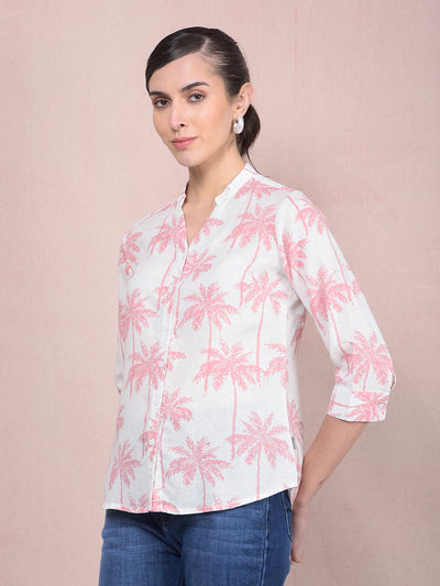 Peach Floral Print V-Neck Linen Shirt-Women Shirts-Crimsoune Club
