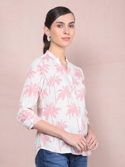 Peach Floral Print V-Neck Linen Shirt-Women Shirts-Crimsoune Club