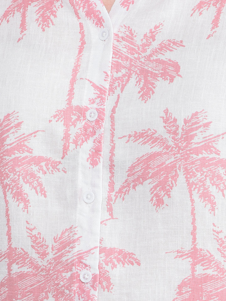 Peach Floral Print V-Neck Linen Shirt-Women Shirts-Crimsoune Club