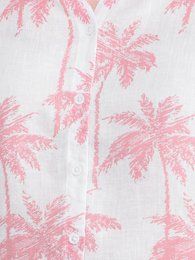 Peach Floral Print V-Neck Linen Shirt-Women Shirts-Crimsoune Club
