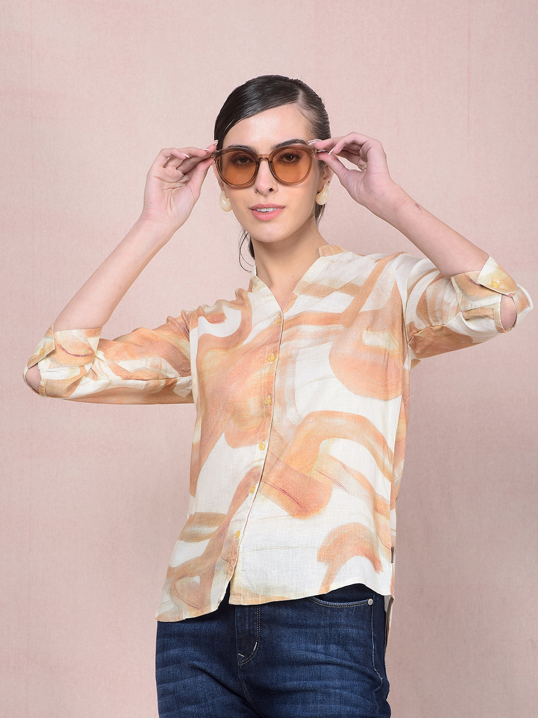 Peach Printed V-Neck Linen Shirt-Women Shirts-Crimsoune Club