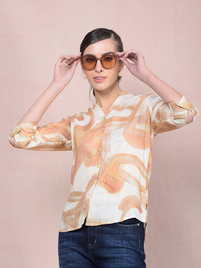 Peach Printed V-Neck Linen Shirt-Women Shirts-Crimsoune Club
