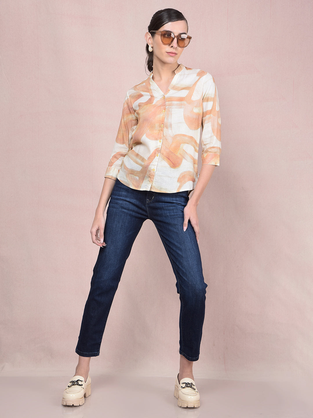 Peach Printed V-Neck Linen Shirt-Women Shirts-Crimsoune Club