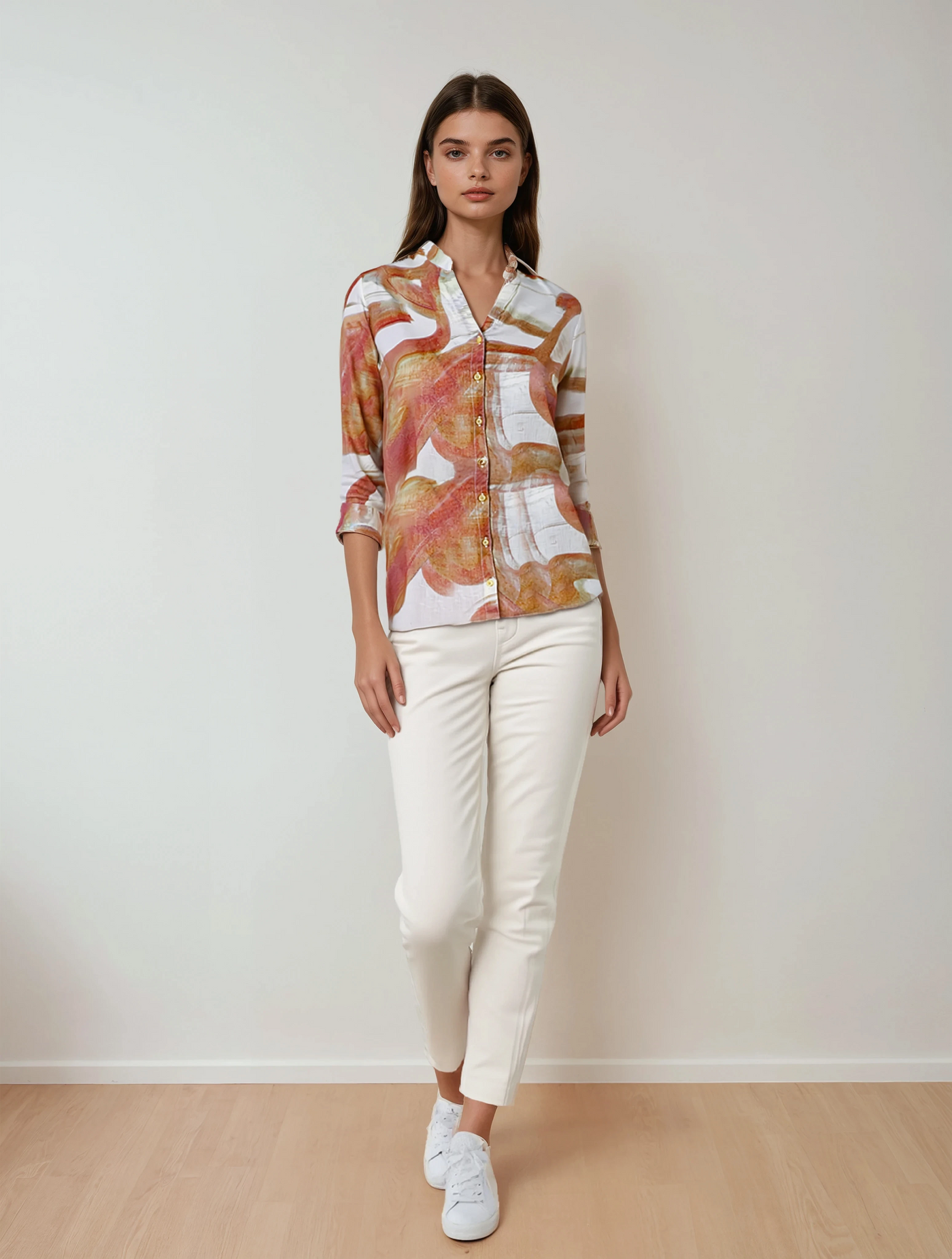 Peach Printed V-Neck Linen Shirt-Women Shirts-Crimsoune Club