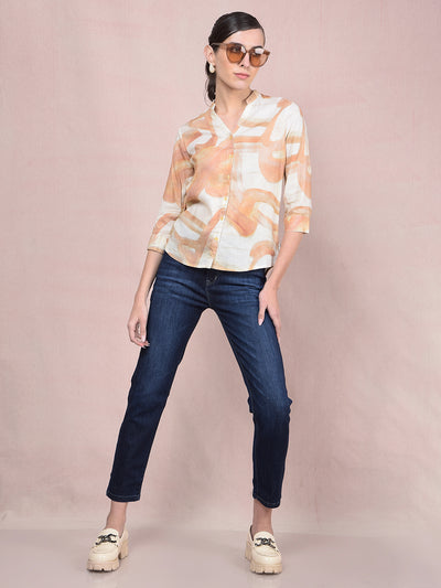 Peach Printed V-Neck Linen Shirt-Women Shirts-Crimsoune Club