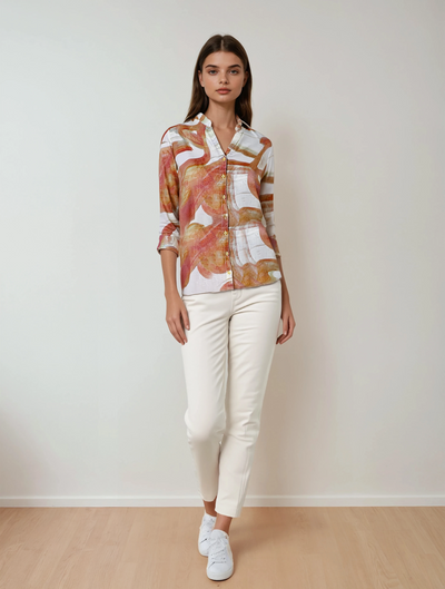 Peach Printed V-Neck Linen Shirt-Women Shirts-Crimsoune Club