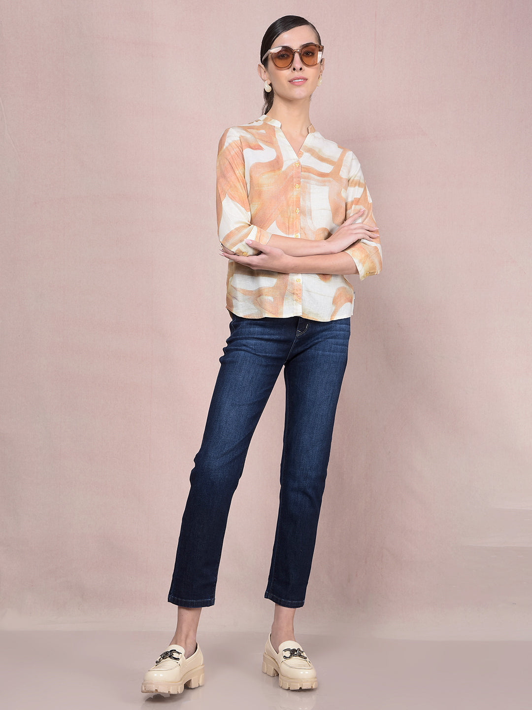Peach Printed V-Neck Linen Shirt-Women Shirts-Crimsoune Club
