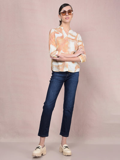 Peach Printed V-Neck Linen Shirt-Women Shirts-Crimsoune Club