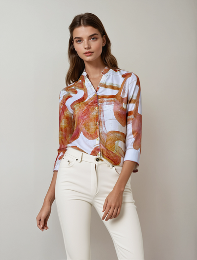 Peach Printed V-Neck Linen Shirt-Women Shirts-Crimsoune Club