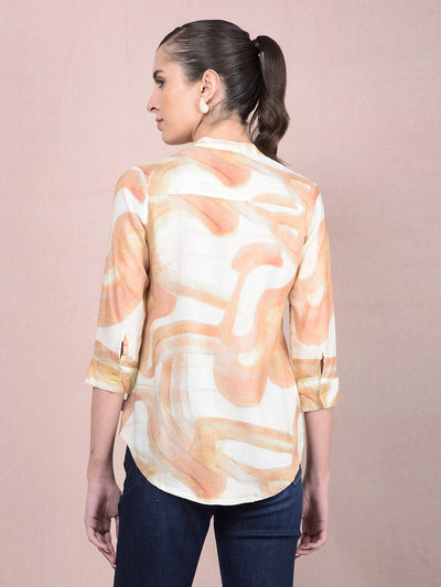 Peach Printed V-Neck Linen Shirt-Women Shirts-Crimsoune Club