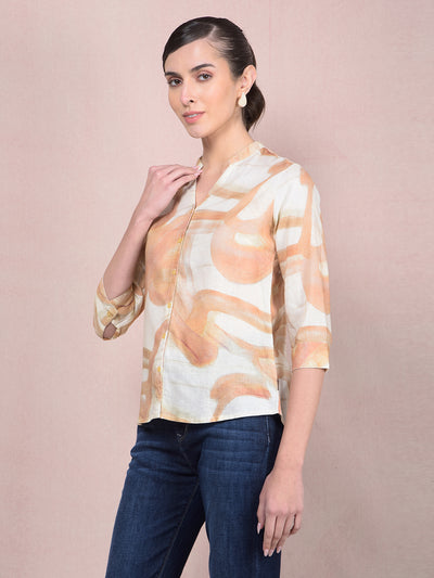 Peach Printed V-Neck Linen Shirt-Women Shirts-Crimsoune Club