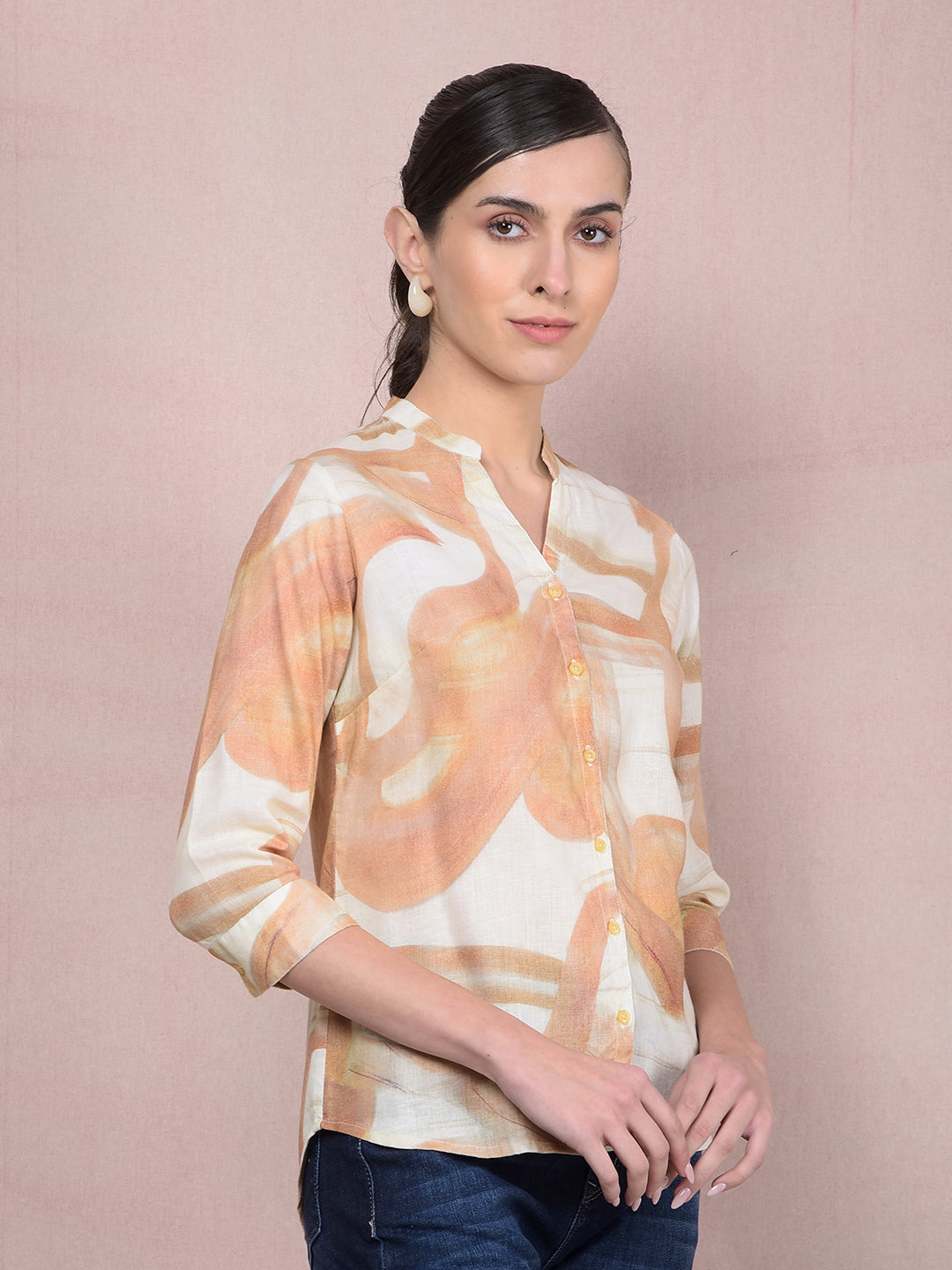 Peach Printed V-Neck Linen Shirt-Women Shirts-Crimsoune Club