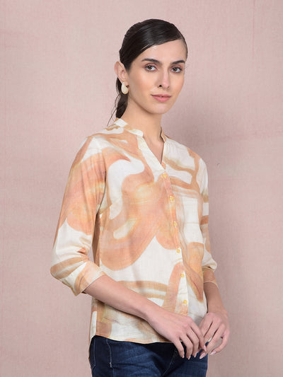 Peach Printed V-Neck Linen Shirt-Women Shirts-Crimsoune Club