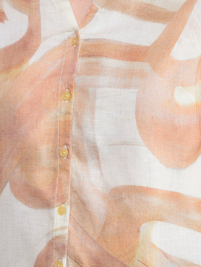 Peach Printed V-Neck Linen Shirt-Women Shirts-Crimsoune Club