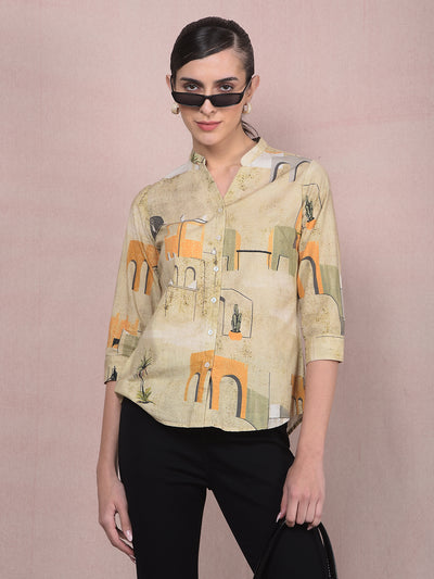 Green Printed V-Neck Linen Shirt-Women Shirts-Crimsoune Club