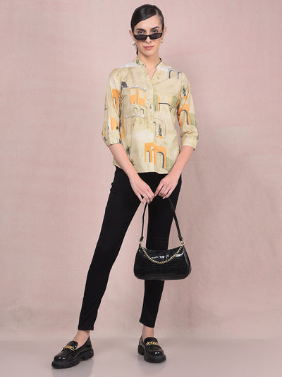 Green Printed V-Neck Linen Shirt-Women Shirts-Crimsoune Club