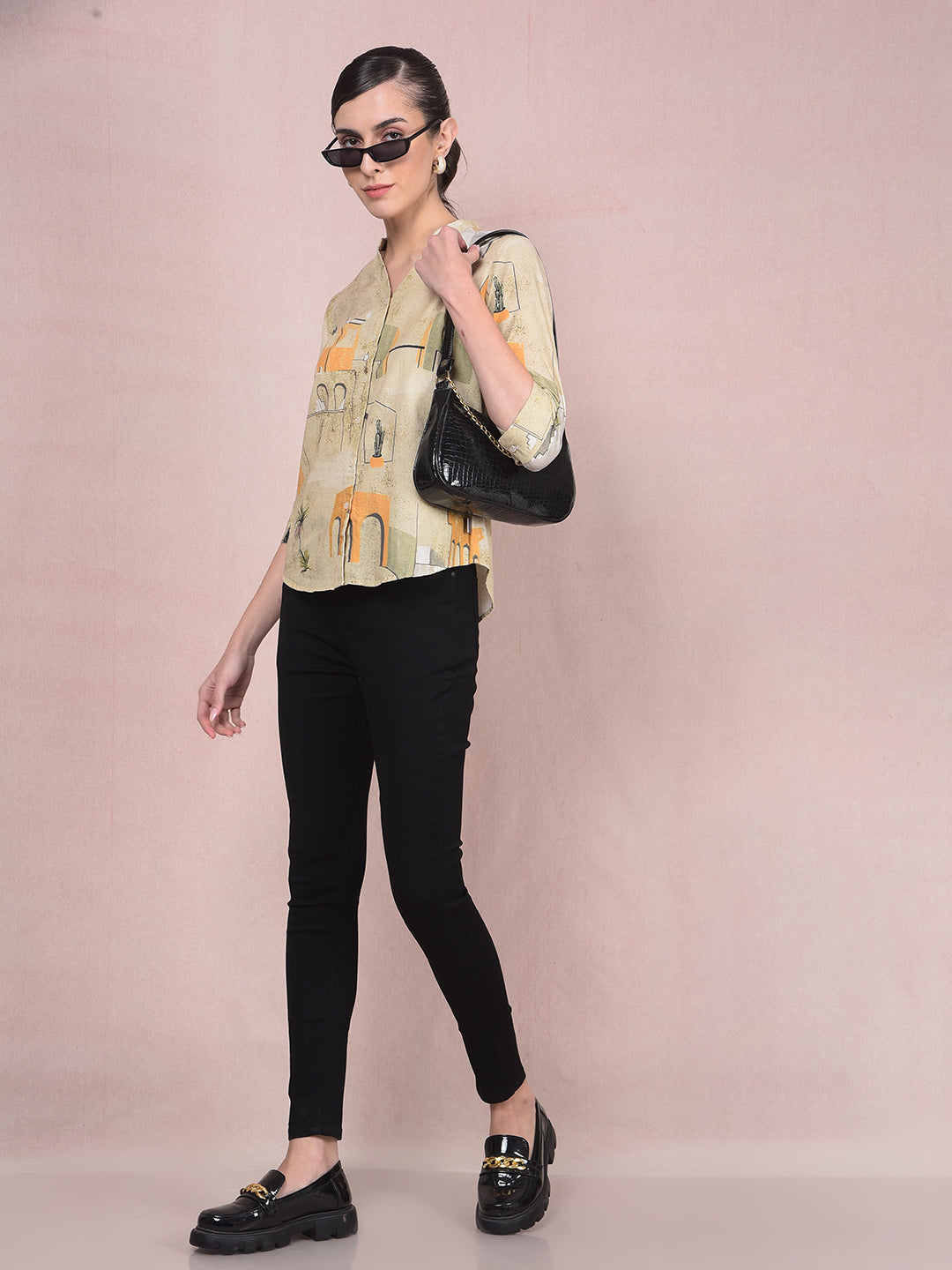 Green Printed V-Neck Linen Shirt-Women Shirts-Crimsoune Club