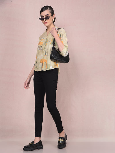 Green Printed V-Neck Linen Shirt-Women Shirts-Crimsoune Club