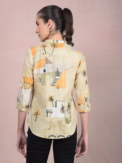 Green Printed V-Neck Linen Shirt-Women Shirts-Crimsoune Club