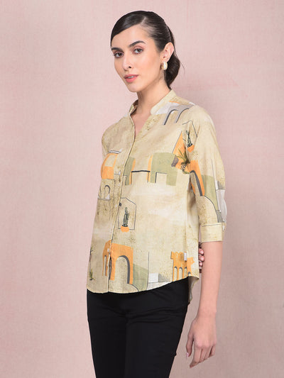 Green Printed V-Neck Linen Shirt-Women Shirts-Crimsoune Club