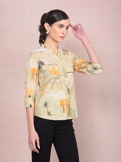 Green Printed V-Neck Linen Shirt-Women Shirts-Crimsoune Club