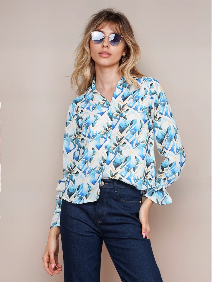 Blue Floral Print Shirt-Women Shirts-Crimsoune Club