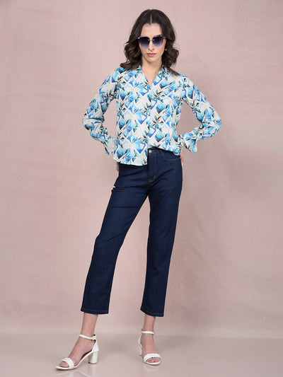 Blue Floral Print Shirt-Women Shirts-Crimsoune Club