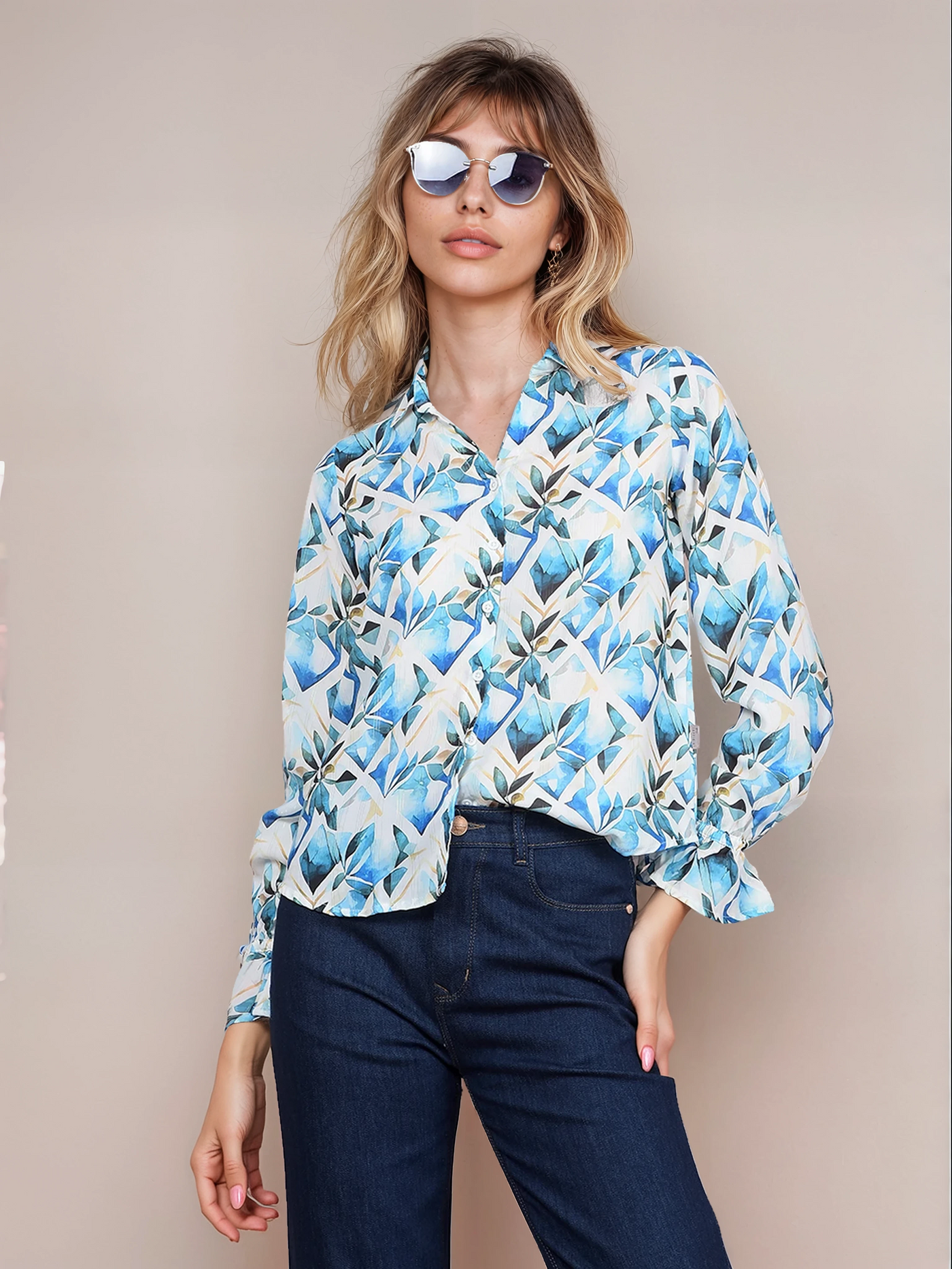 Blue Floral Print Shirt-Women Shirts-Crimsoune Club