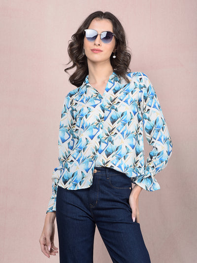 Blue Floral Print Shirt-Women Shirts-Crimsoune Club