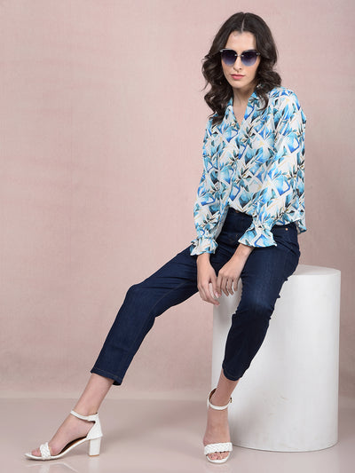 Blue Floral Print Shirt-Women Shirts-Crimsoune Club