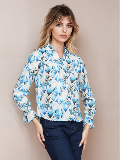 Blue Floral Print Shirt-Women Shirts-Crimsoune Club