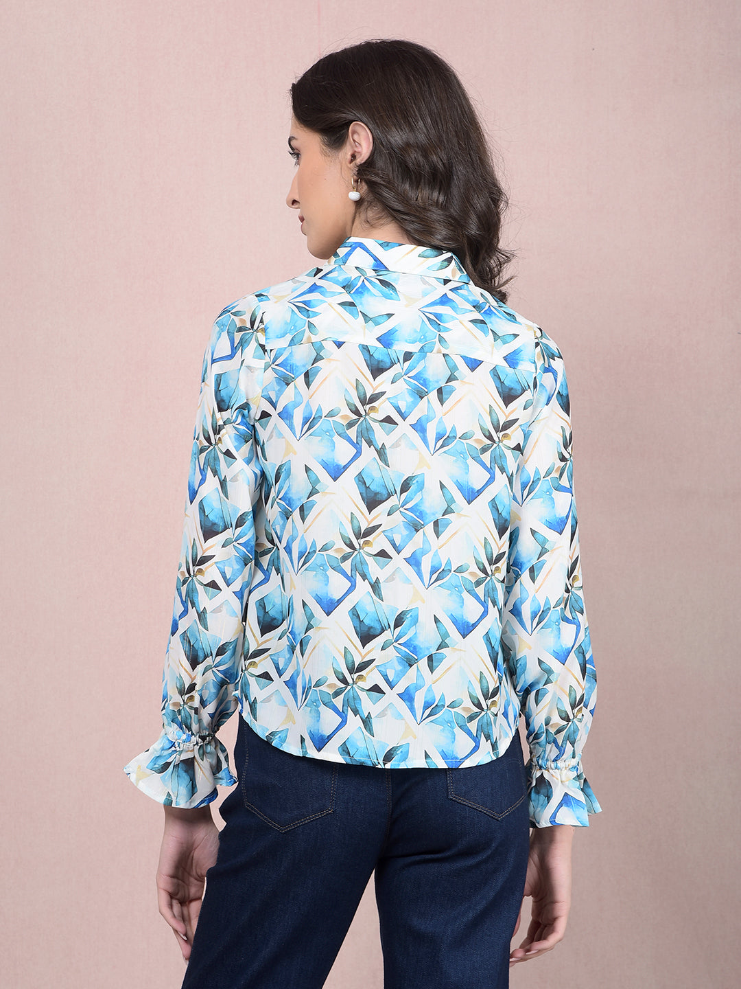 Blue Floral Print Shirt-Women Shirts-Crimsoune Club