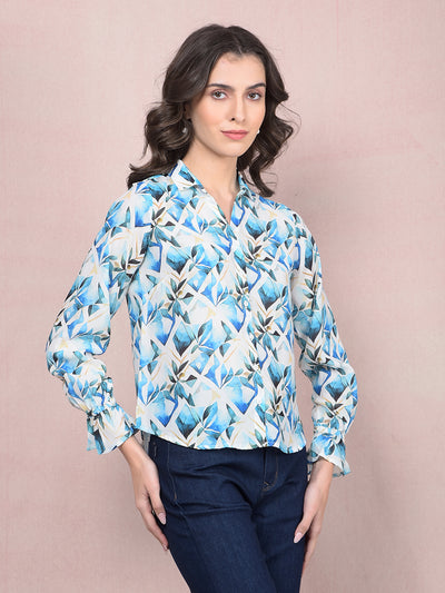 Blue Floral Print Shirt-Women Shirts-Crimsoune Club