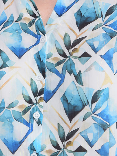 Blue Floral Print Shirt-Women Shirts-Crimsoune Club
