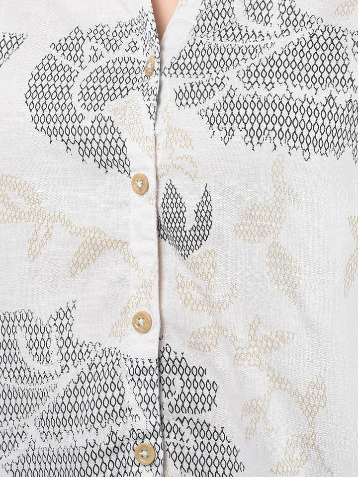 Beige Floral Print V-Neck Crop Linen Shirt-Women Shirts-Crimsoune Club