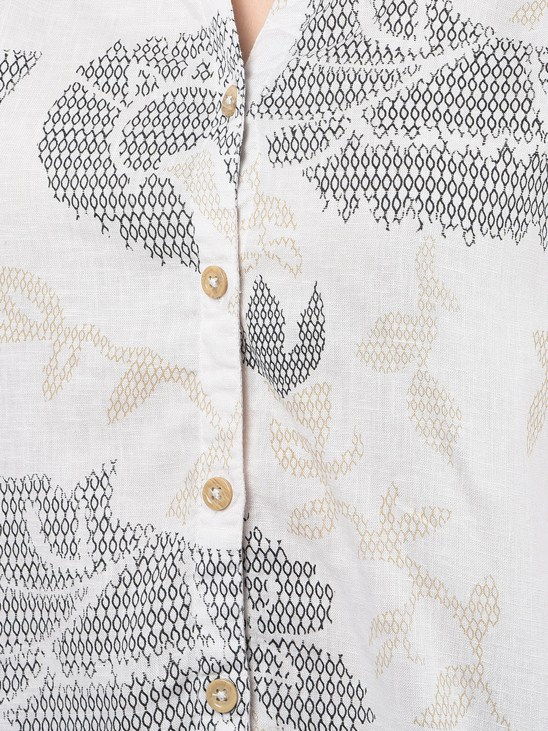 Beige Floral Print V-Neck Crop Linen Shirt-Women Shirts-Crimsoune Club