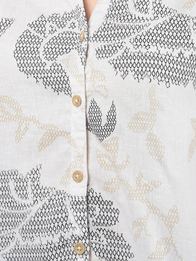 Beige Floral Print V-Neck Crop Linen Shirt-Women Shirts-Crimsoune Club