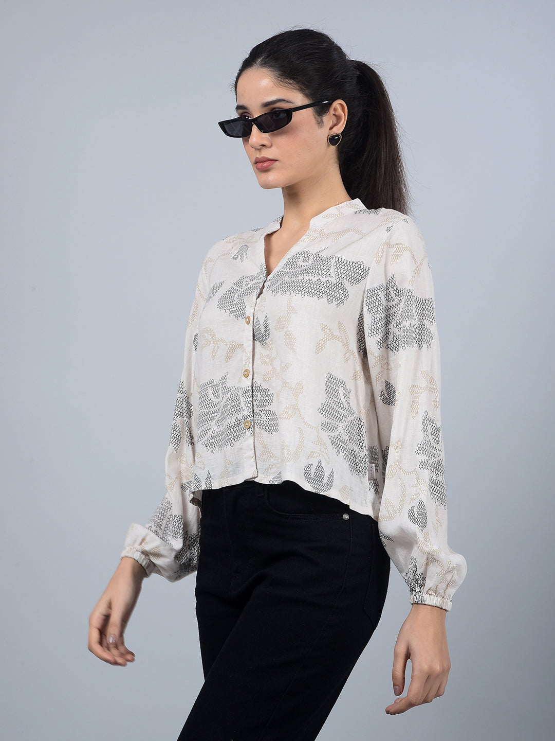 Beige Floral Print V-Neck Crop Linen Shirt-Women Shirts-Crimsoune Club
