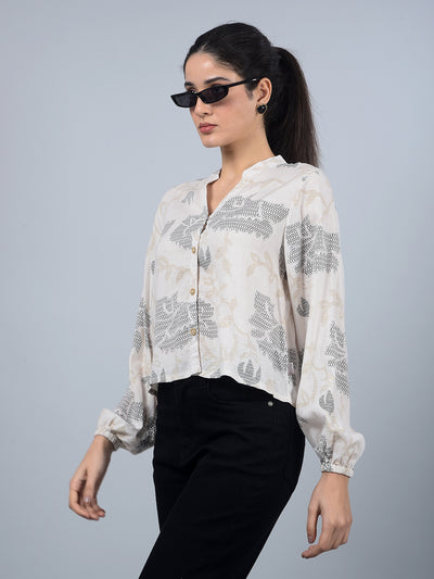 Beige Floral Print V-Neck Crop Linen Shirt-Women Shirts-Crimsoune Club
