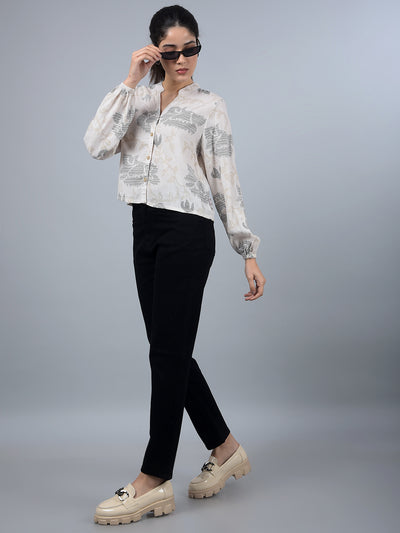 Beige Floral Print V-Neck Crop Linen Shirt-Women Shirts-Crimsoune Club