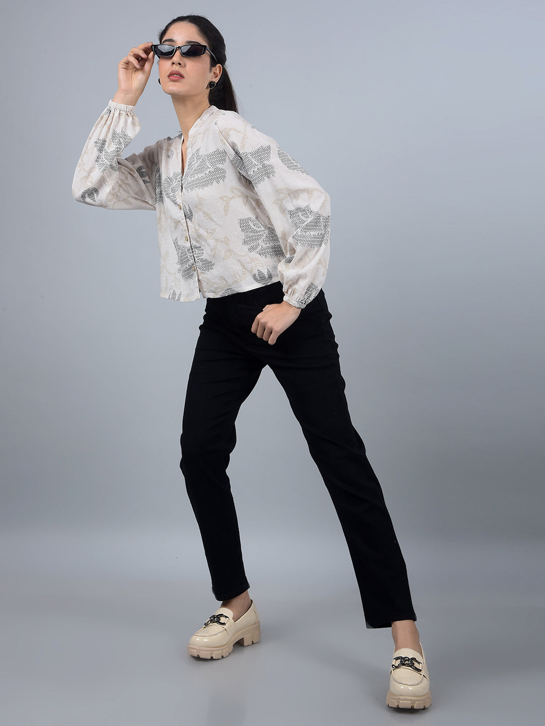 Beige Floral Print V-Neck Crop Linen Shirt-Women Shirts-Crimsoune Club