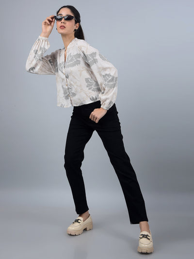 Beige Floral Print V-Neck Crop Linen Shirt-Women Shirts-Crimsoune Club