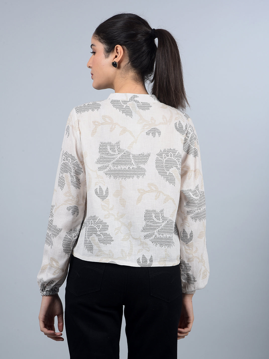 Beige Floral Print V-Neck Crop Linen Shirt-Women Shirts-Crimsoune Club
