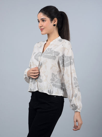 Beige Floral Print V-Neck Crop Linen Shirt-Women Shirts-Crimsoune Club