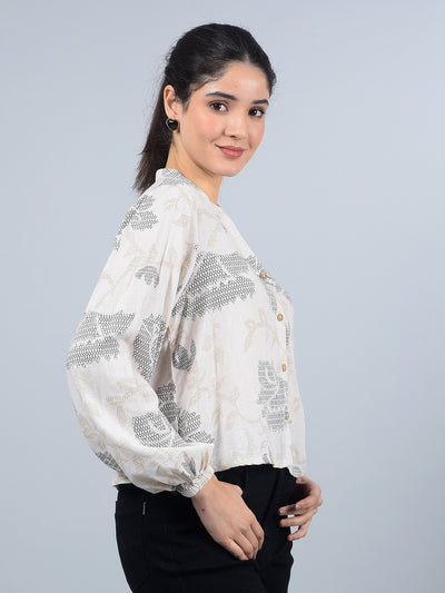 Beige Floral Print V-Neck Crop Linen Shirt-Women Shirts-Crimsoune Club