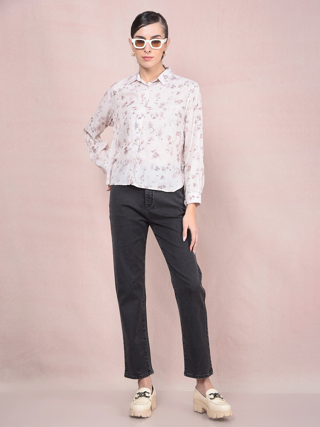 Purple Floral Print Shirt-Women Shirts-Crimsoune Club